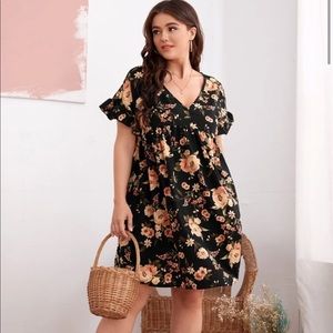 Plus Size Floral Print Flounce Sleeve Smock Dress - SHEIN - 1XL